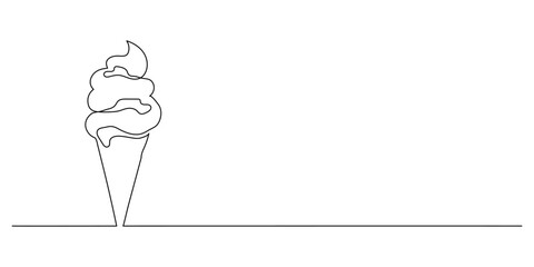 Ice cream in a waffle cone in one line. Dessert ice cream symbol for menu and business card design in simple linear style. Vector minimalistic graphics