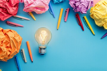 Aufkleber - A light bulb shines brightly amidst a circle of colorful crayons and crumpled paper, symbolizing creativity, imagination, and artistic inspiration. Generative AI