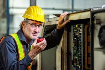 man engineer technician worker talk call by use mobile radio walkie talkie communicate speak to service technician. worker in uniform helmet safety and inspection check control old machine in factory