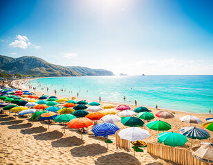 Colorful umbrellas on a sandy beach with a clear blue sky and ocean in the background