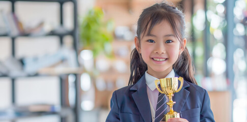 Wall Mural - A smiling proud 5 year old Asian girl with her blue luxury business suit confidently displays her gold trophy in a library setting, lifting it high in triumph.