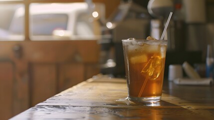 Poster - delicious cold iced tea on a glass with ice cubes