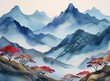 Watercolor mountain background. Luxurious mountainous terrain in oriental style. Wallpaper
