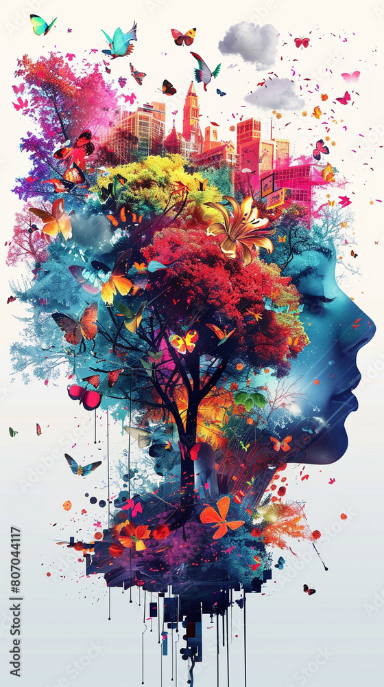 vertical image of a woman profile double exposure city and tree and ...