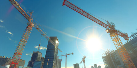 City or industrial building development with tower lifting cranes in construction sites with blue sky. real estate, property architecture.