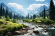 Kazakhstan landscape. Tranquil Mountain River Landscape with Lush Green Forest and Snow-Capped Peaks.