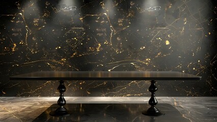 Wall Mural - Elegant Industrial-style Black Table with Gold Marble Background and Cinematic Lighting. Concept Industrial-styled Furniture, Black & Gold Decor, Marble Textures, Cinematic Lighting, Interior Design