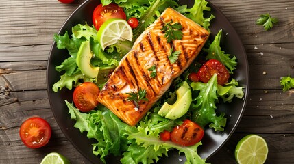 Sticker - Grilled salmon with vegetables served on black stone plate on wooden table