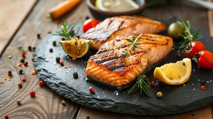 Wall Mural - Grilled salmon with vegetables served on black stone plate on wooden table