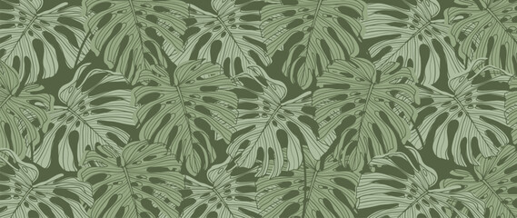 Canvas Print - Vector green tropical background with monstera leaves for decor, covers, backdrops, wallpapers