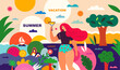 Summer themed character. Colorful summer vector banner with woman and coctail. Woman on the beach. Illustration on the theme of summer travel