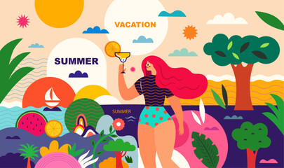Wall Mural - Summer themed character. Colorful summer vector banner with woman and coctail. Woman on the beach. Illustration on the theme of summer travel