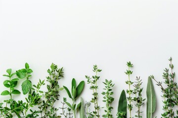 Minimalist arrangement of Mediterranean herbs like oregano and sage, clean white background
