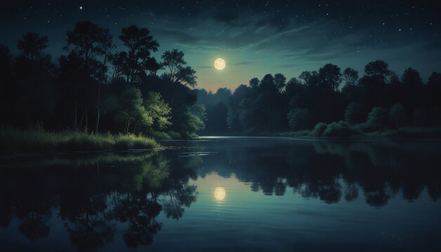 Pastel painting: A quiet, moonlit pond, with the still water reflecting the surrounding trees and the luminous night sky, all rendered in the soft, atmospheric colors and smooth,