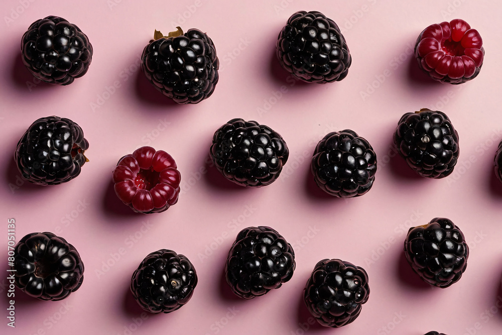 Fresh black raspberries at the corners of image on the light bright ...