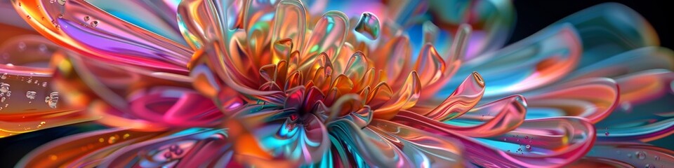 Poster - Panoramic Iridescent Flower with Water Droplets