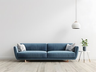 Empty living room with blue sofa, plants and table on empty white wall background.