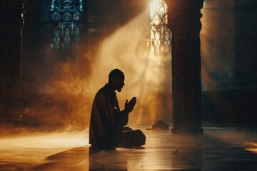 Muslim man worships and prays in old mosque silhouette.