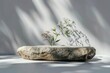 © marimalina - Grey background with stone and blur flower for product presentation with sunlight shadow leaves. Podium, stage pedestal platform for skin care cosmetic product.