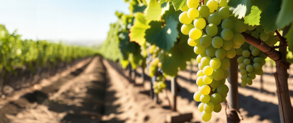 Banner with ripe green grapes in the sunlight at the vineyard plantation with space for text. Harvesting at a winery plantation, farming, grape varieties