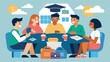 © Justlight - A group of friends planning a future road trip discussing their financial freedom thanks to choosing community college over more expensive education. Vector illustration