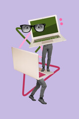 Sticker - Vertical creative collage poster human legs man formalwear worker crazy looking eyes stare glasses laptop remote work addiction internet