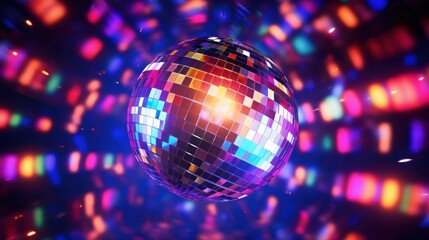Poster - a neon disco ball, pulsating and swirling to the rhythm of energetic music, 