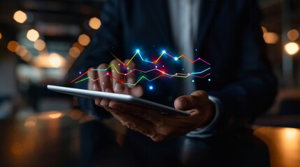Fototapete - A businessman analyzing a colorful line graph on a digital tablet in a modern office setting, symbolizing financial strategy and growth.