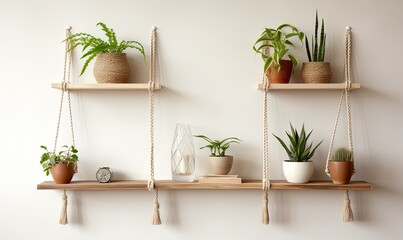 Wall Mural - Handmade shelf rack for indoor plants. Different indoor plants on the shelf