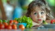Child pouting in front of vegetables at modern table depicting mealtime challenges. Concept Child Expression, Mealtime Challenges, Pouting Portraits, Vegetable Table, Modern Setting