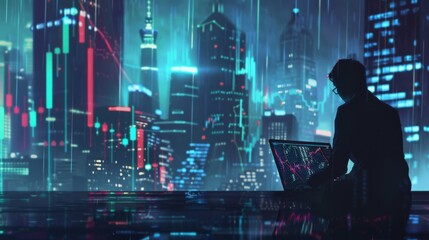 Leinwandbilder - a businessman reviewing stock market performance reports on a laptop with a city skyline in the back