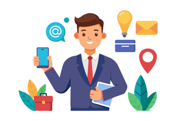 Aufkleber - Contact us via email phone or office location communicate with customer or client business information or channel for business contact concept businessman with telephone email and location pin modern