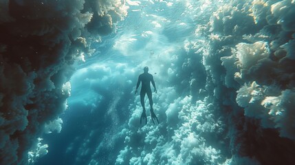 Person diving deep into a vibrant coral reef with sunrays illuminating the underwater world