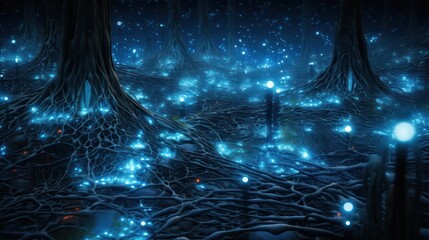 Poster - a vast network of interconnected biocomputers, illuminated by the ethereal glow of bioluminescent organisms.
