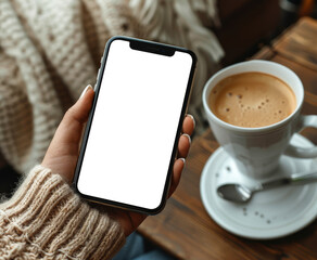woman holding mobile phone with blank screen and coffee cup overhead shot, mock-up for social media 