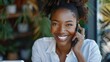 Portrait Of A Smiling Black Female Entrepreneur Having A Phone Conversation, Background HD For Designer        