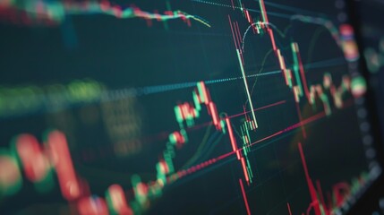Aufkleber - A close-up of a computer screen showing a candlestick chart with indicators, representing technical analysis and trading strategies in the stock market.