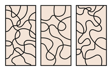 Poster - Set of abstract vertical backgrounds with black linear waves on a beige background. Trendy vector illustration in style retro 60s, 70s. 