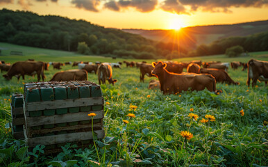 Wall Mural - A herd of cows are grazing in a field with a sun setting in the background. The cows are scattered throughout the field