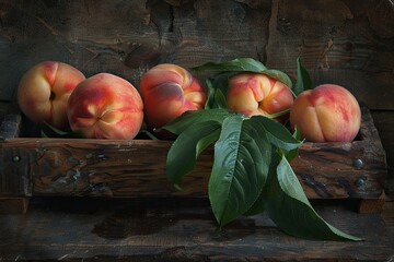 Wall Mural - Ripe Peaches on Rustic Wooden Background.