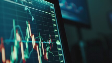 Aufkleber - A close-up of a computer screen showing a candlestick chart with indicators, representing technical analysis and trading strategies in the stock market.