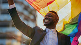 Fototapeta Abstrakcje - Happy african american black businessman waving a rainbow flag during pride month. Inclusive  AI