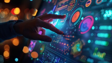 Poster - A close-up of a hand adjusting a colorful infographic on a digital screen, symbolizing data manipulation and strategic planning in business.