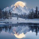 Fototapeta Góry - Dreamlike snowy landscape, mirrored mountains in frozen lake, full moon illumination, panoramic shot