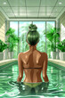 A woman is sitting in a pool with a green plant behind her