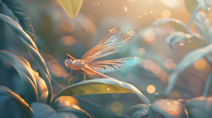 Poster - A dragonfly resting gracefully on a leaf, its iridescent wings shimmering in the sunlight against the backdrop of lush foliage.