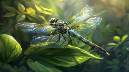 Poster - A dragonfly resting gracefully on a leaf, its iridescent wings shimmering in the sunlight against the backdrop of lush foliage.