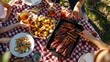 © Plaifah - A family picnic in the park with a spread of grilled pork ribs, potato salad, and baked beans, enjoying the simple pleasures of outdoor dining.
