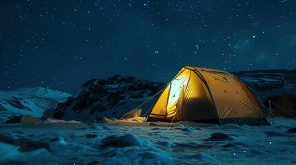 Poster - This is a photo of a tent lit up at night in the mountains. The tent is surrounded by snow. There is a starry sky above the tent.