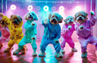 Group of cheerful dogs dancers in tracksuits dancing disco on the dance floor together